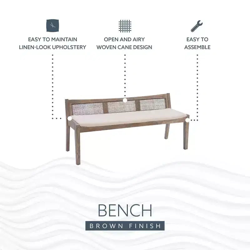 Panca da 132 cm in legno massello con schienale in rattan e seduta imbottita