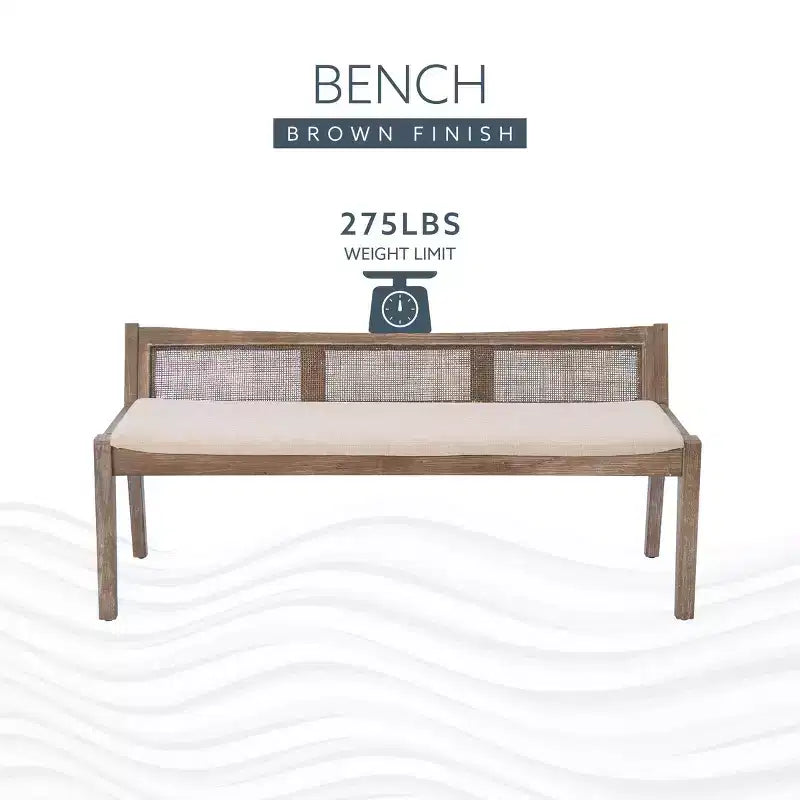 Panca da 132 cm in legno massello con schienale in rattan e seduta imbottita