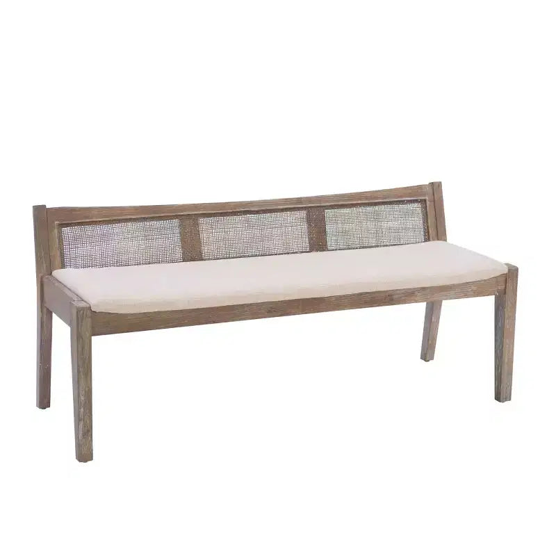 Panca da 132 cm in legno massello con schienale in rattan e seduta imbottita