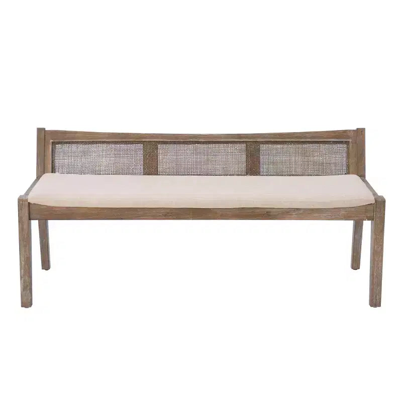 Panca da 132 cm in legno massello con schienale in rattan e seduta imbottita