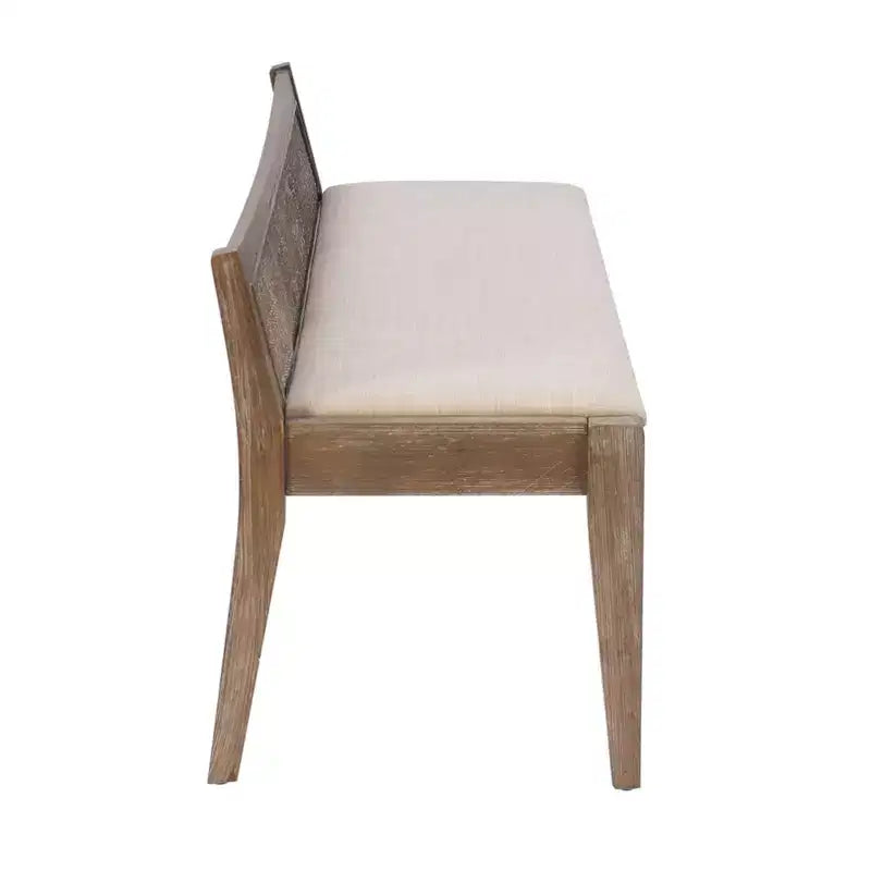 Panca da 132 cm in legno massello con schienale in rattan e seduta imbottita