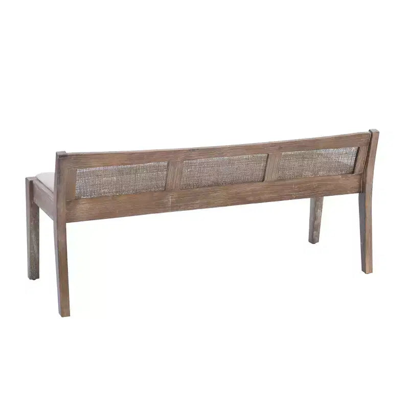 Panca da 132 cm in legno massello con schienale in rattan e seduta imbottita