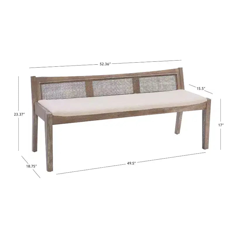 Panca da 132 cm in legno massello con schienale in rattan e seduta imbottita