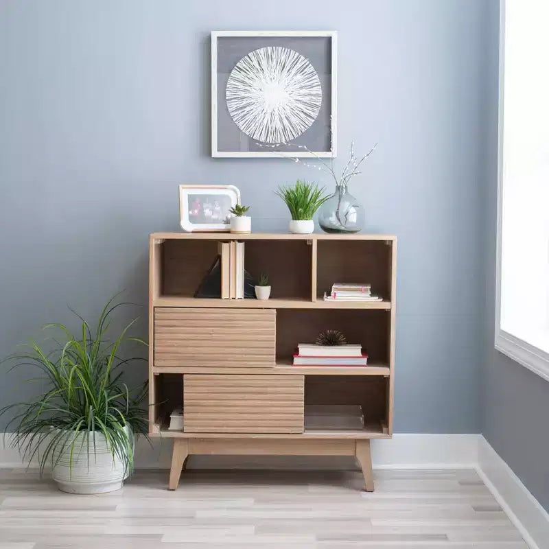 Libreria con 3 ripiani e ante scorrevoli in stile Mid-Century Modern, 96,5 cm