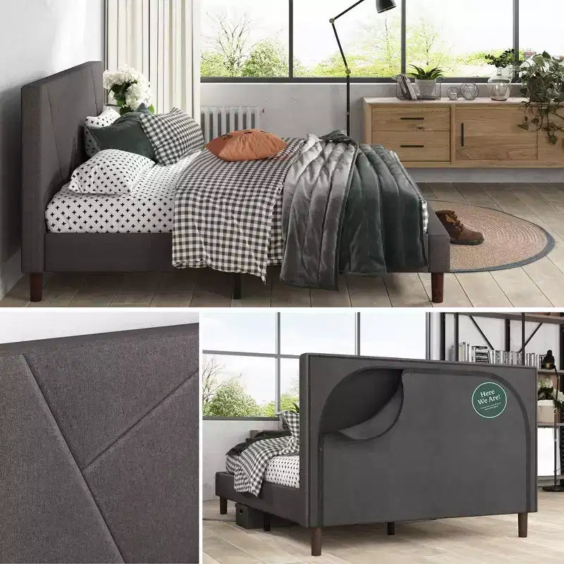 Struttura letto imbottita grigia con base a piattaforma