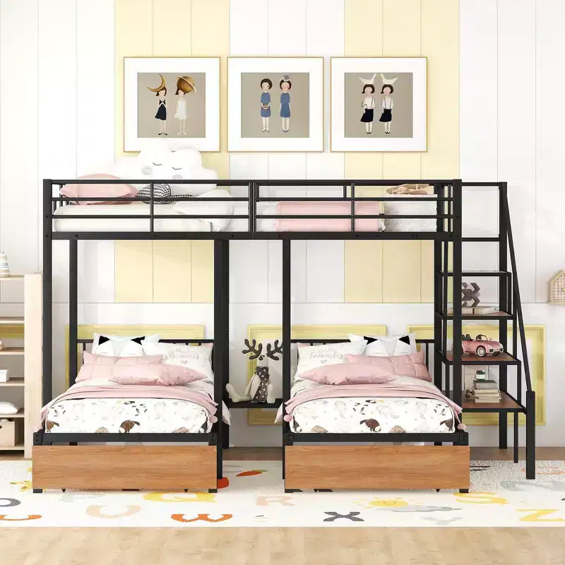 Letto a castello triplo Full su Twin-Twin con cassetti e scala