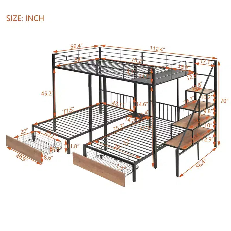 Letto a castello triplo Full su Twin-Twin con cassetti e scala