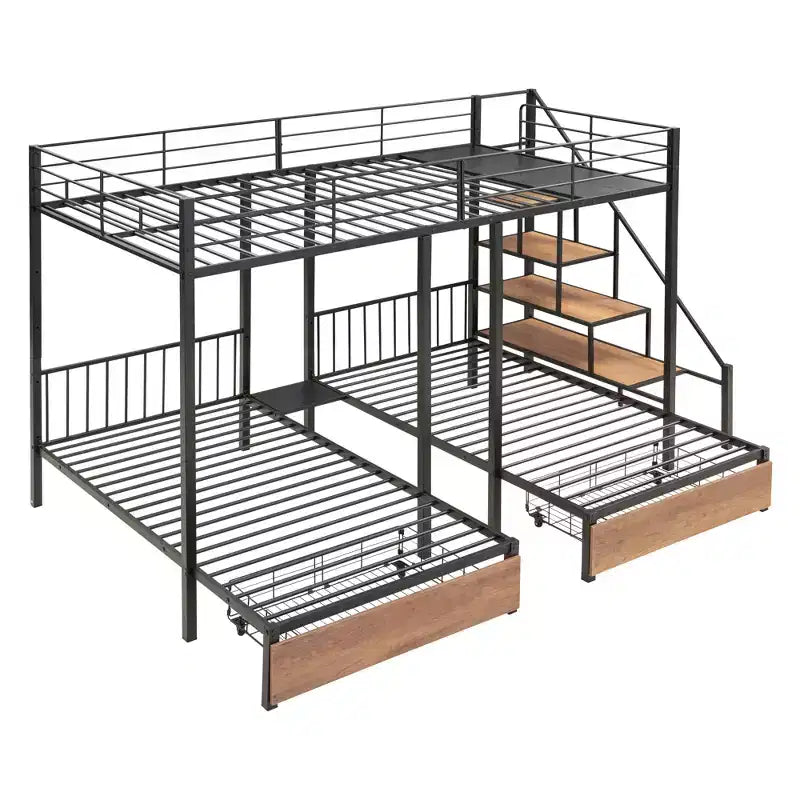 Letto a castello triplo Full su Twin-Twin con cassetti e scala