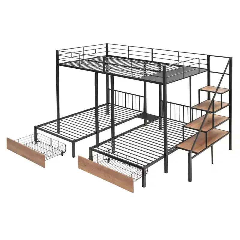 Letto a castello triplo Full su Twin-Twin con cassetti e scala
