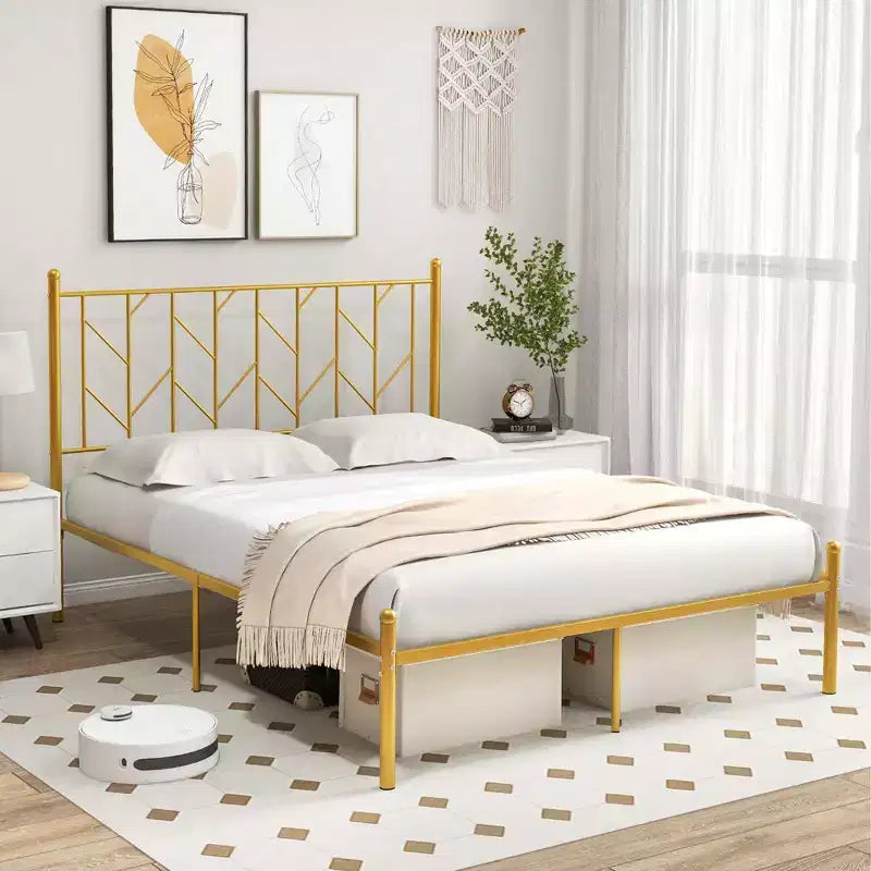 Costway Full/Queen/Twin Size Metal Platform Bed Frame Vintage Headboard Mattress Foundation Gold