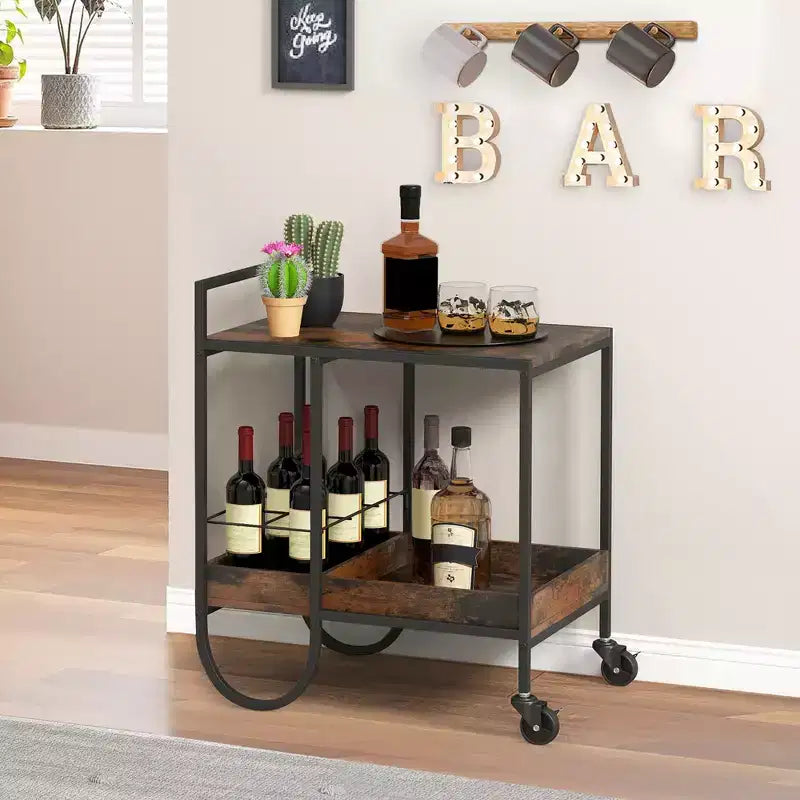Carrello Bar Industriale con Cesto in Metallo Removibile, Carrello da Servizio Buffet Rotante