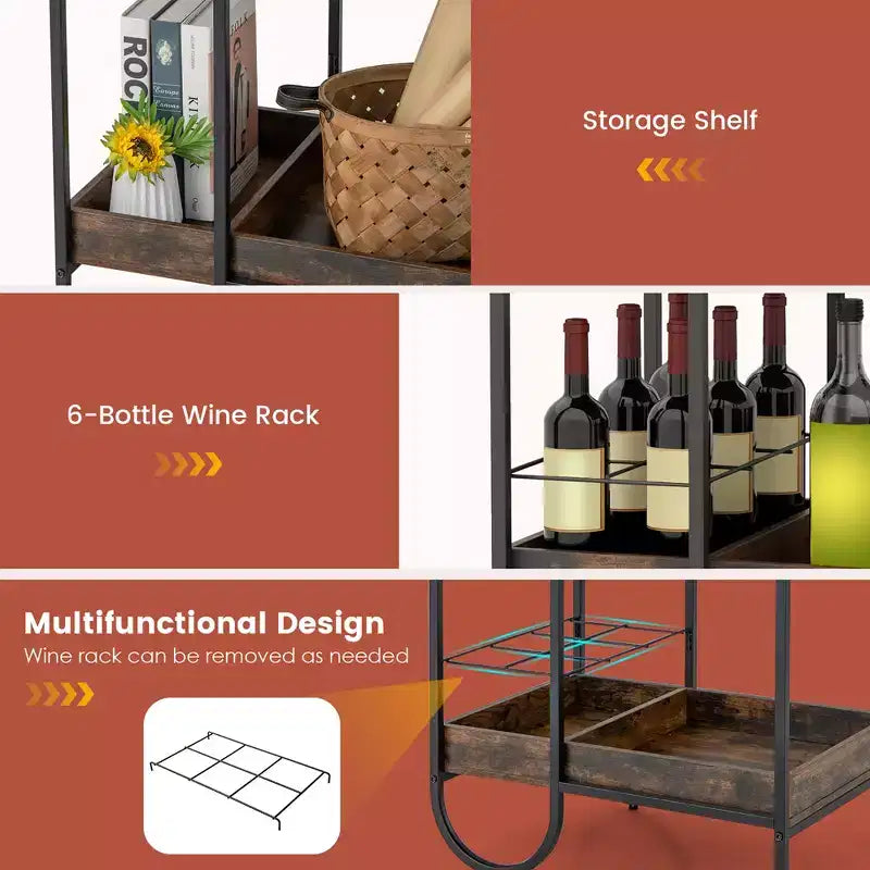 Carrello Bar Industriale con Cesto in Metallo Removibile, Carrello da Servizio Buffet Rotante