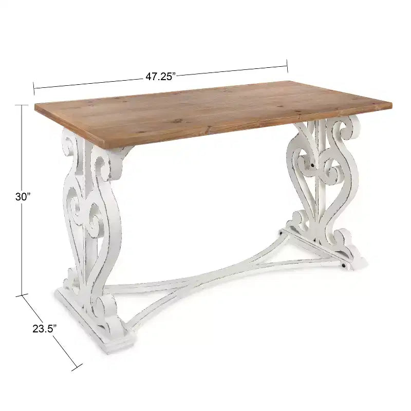 Scrivania rustica in legno massello con gambe curve sbiancate