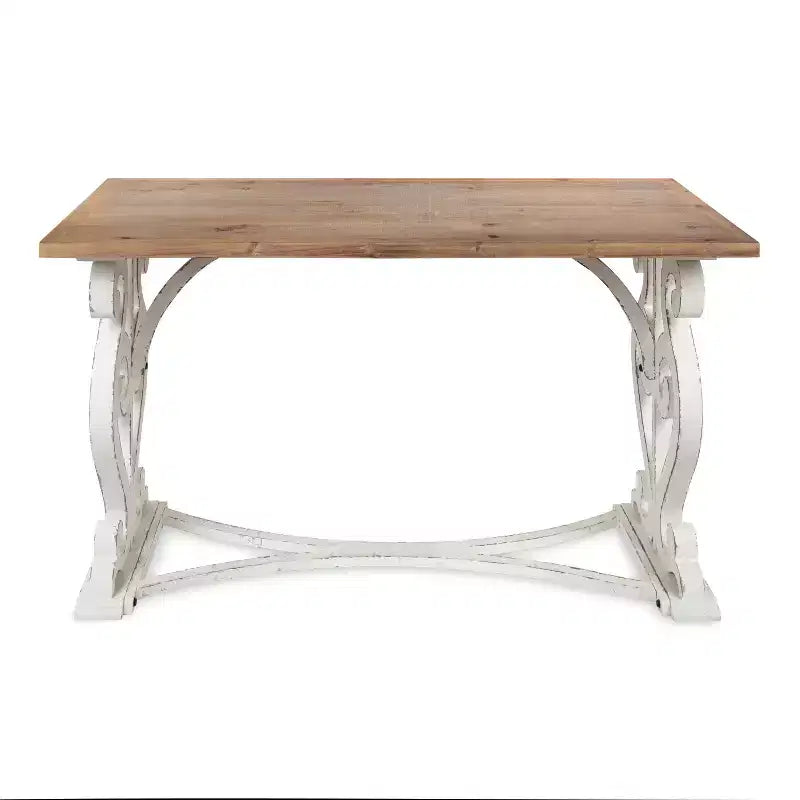 Scrivania rustica in legno massello con gambe curve sbiancate