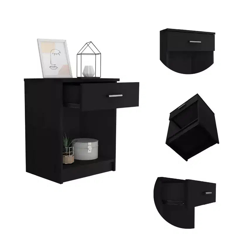 Comodino nero in laminato effetto legno con cassetto