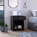 Comodino nero in laminato effetto legno con cassetto
