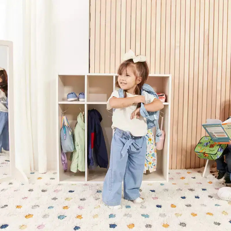 Armadietto guardaroba per bambini a 4 scomparti con ripiani a giorno