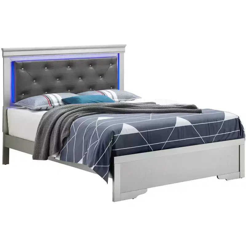 Letto matrimoniale con luci a LED e testiera trapuntata
