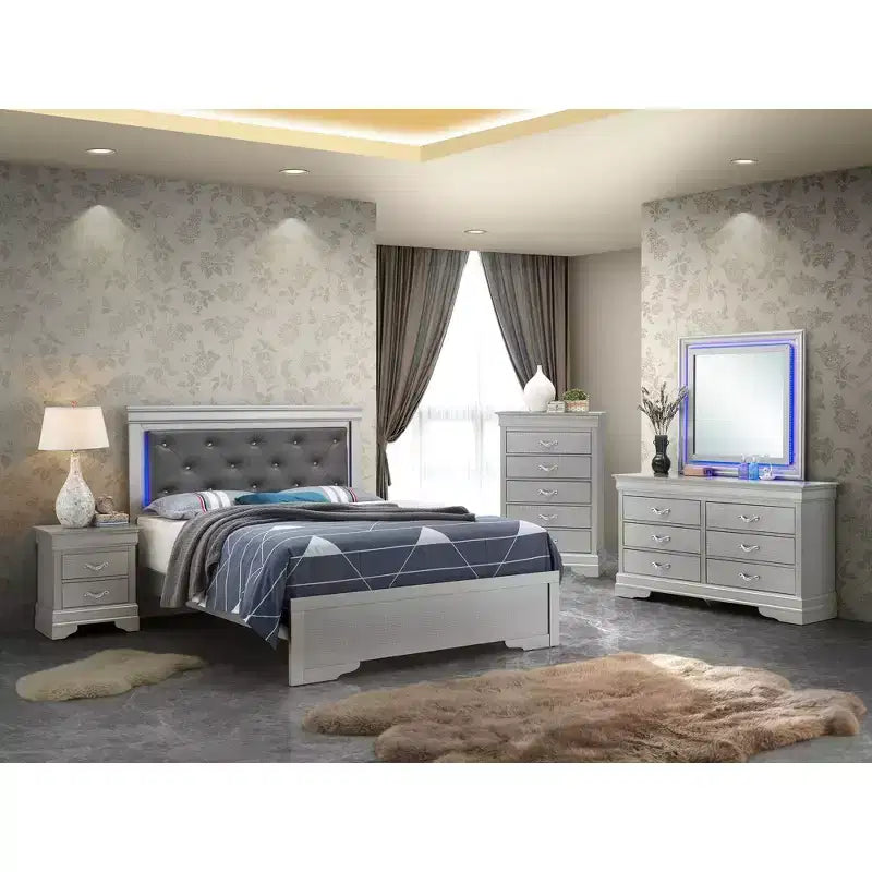 Letto matrimoniale con luci a LED e testiera trapuntata