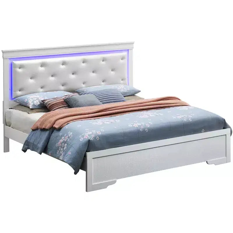 Letto matrimoniale con luci a LED e testiera trapuntata