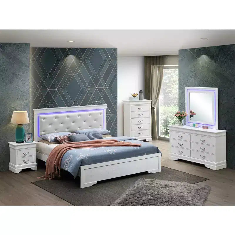 Letto matrimoniale con luci a LED e testiera trapuntata