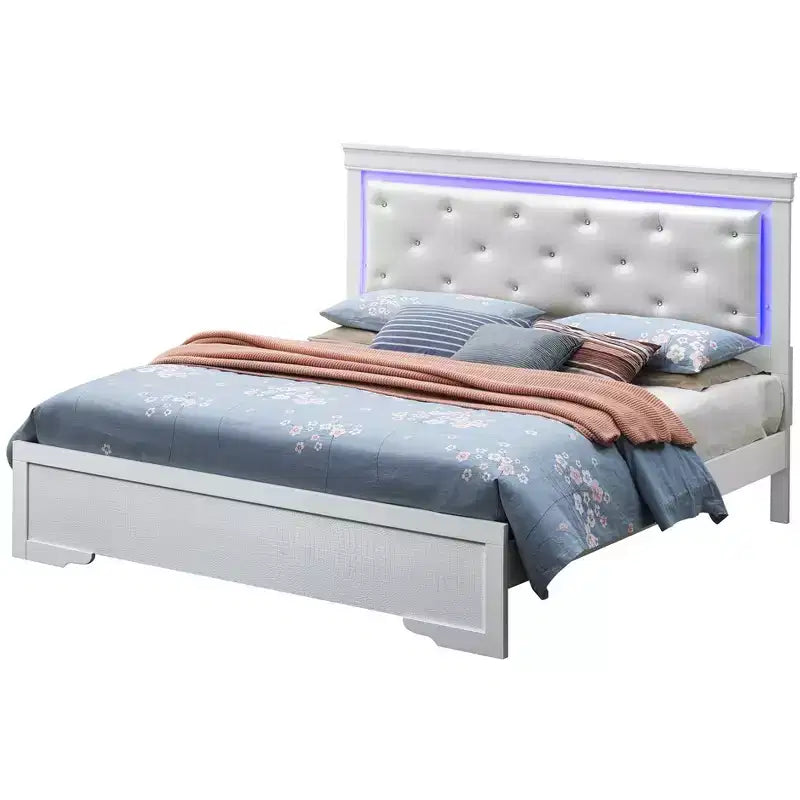 Letto matrimoniale con luci a LED e testiera trapuntata