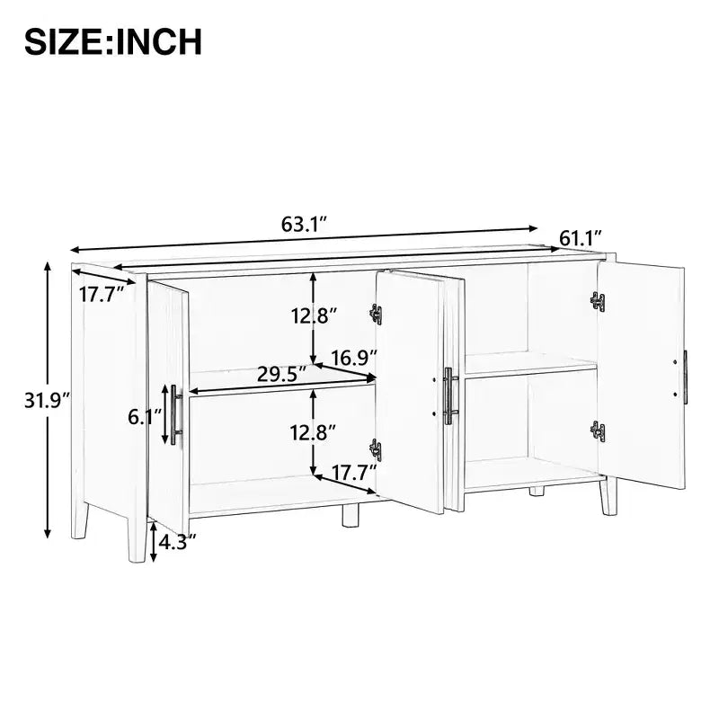 Grande credenza in legno con maniglie in metallo e 4 ante