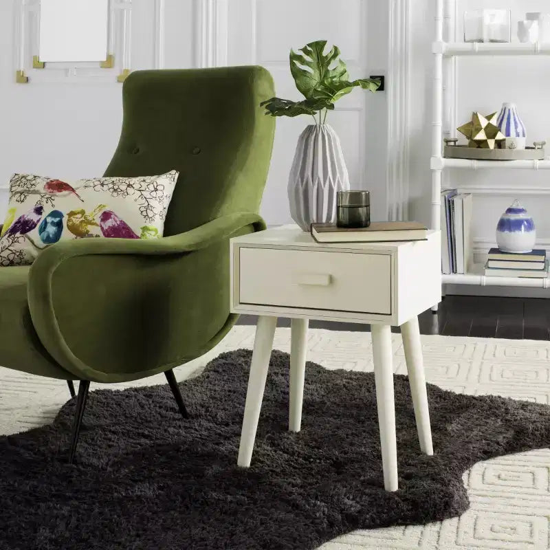 Tavolino con cassetto in pino e MDF bianco vintage