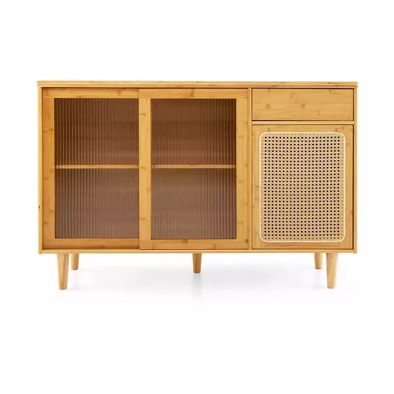 Credenza a buffet in bambù e rattan con ante scorrevoli e cassetto