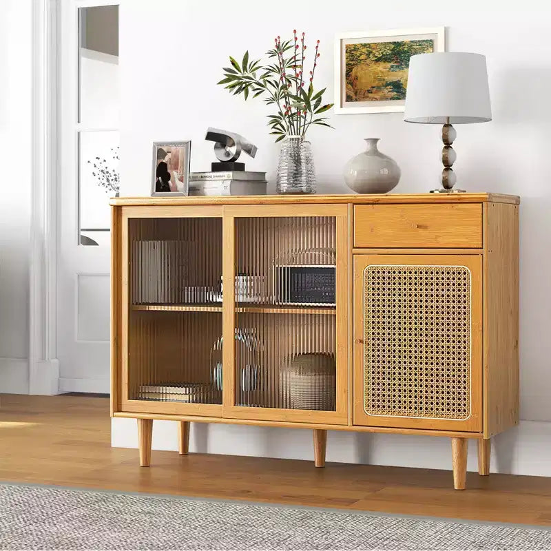 Credenza a buffet in bambù e rattan con ante scorrevoli e cassetto