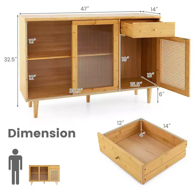 Credenza a buffet in bambù e rattan con ante scorrevoli e cassetto