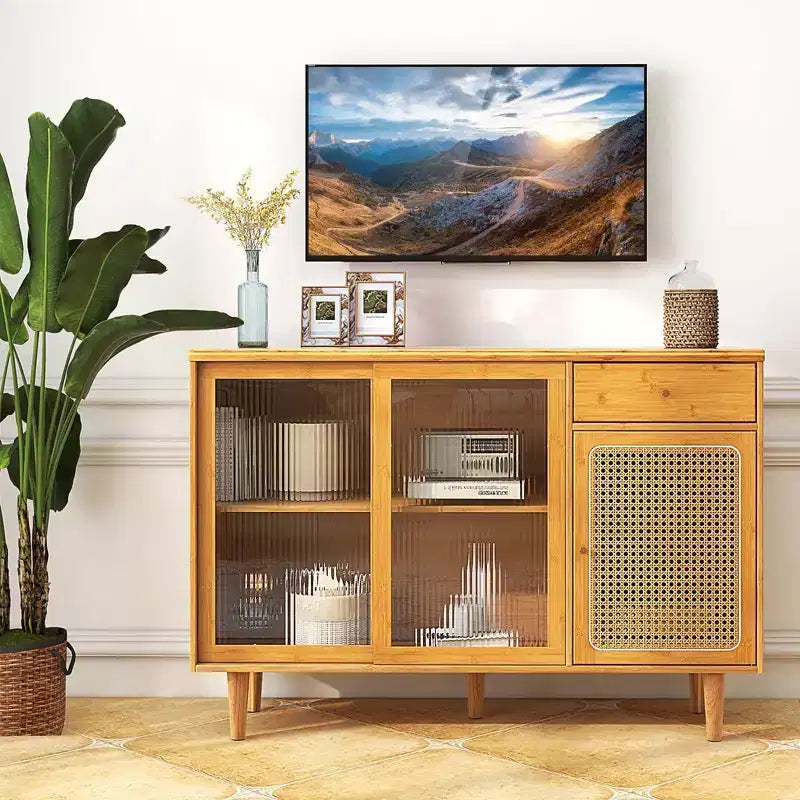 Credenza a buffet in bambù e rattan con ante scorrevoli e cassetto