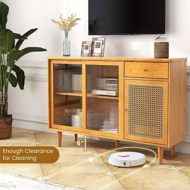 Credenza a buffet in bambù e rattan con ante scorrevoli e cassetto
