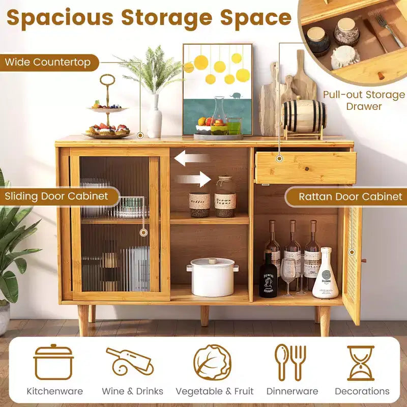 Credenza a buffet in bambù e rattan con ante scorrevoli e cassetto