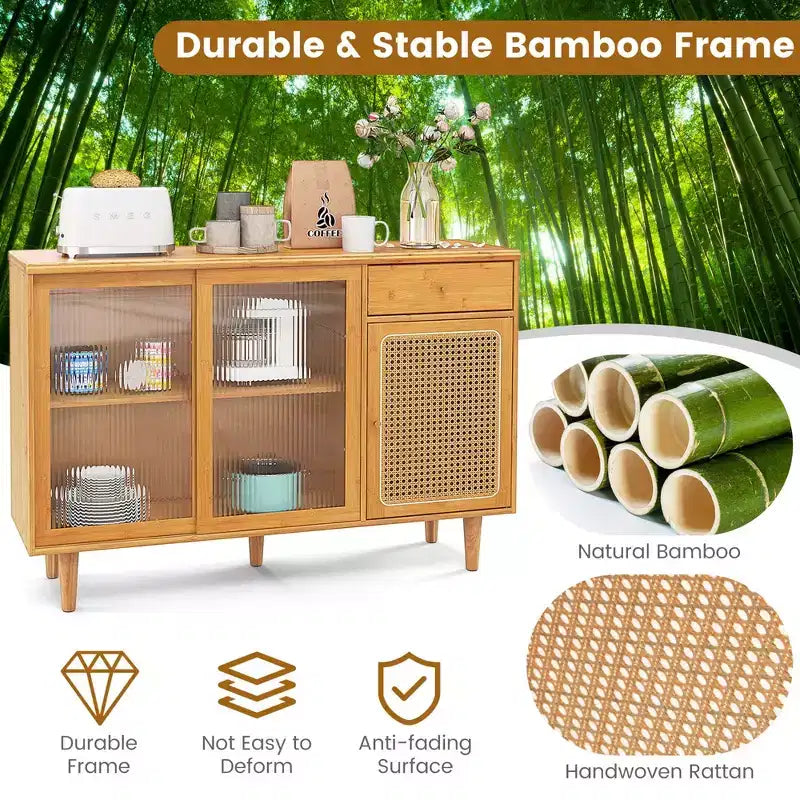 Credenza a buffet in bambù e rattan con ante scorrevoli e cassetto