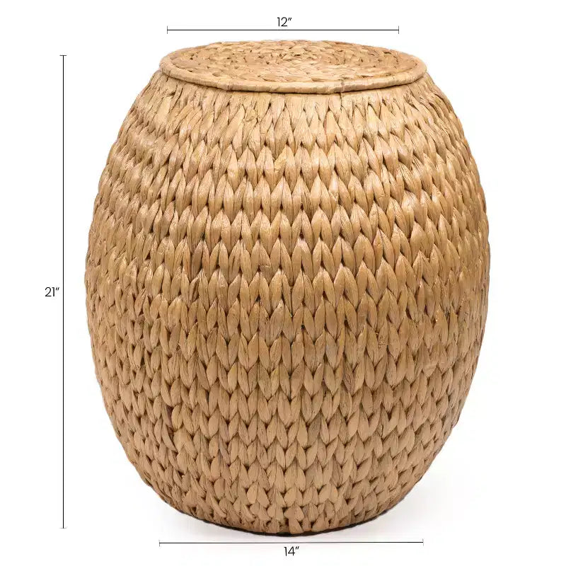 Sgabello contenitore con coperchio in giacinto intrecciato a mano, 17 Coastal Bohemian, naturale