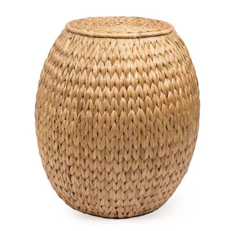 Sgabello contenitore con coperchio in giacinto intrecciato a mano, 17 Coastal Bohemian, naturale